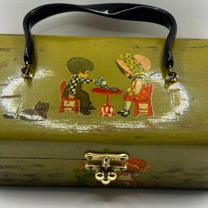 Vintage 1960-70's Green Wood Decoupage Holly Hobbie Characters Purse Metal Clasp